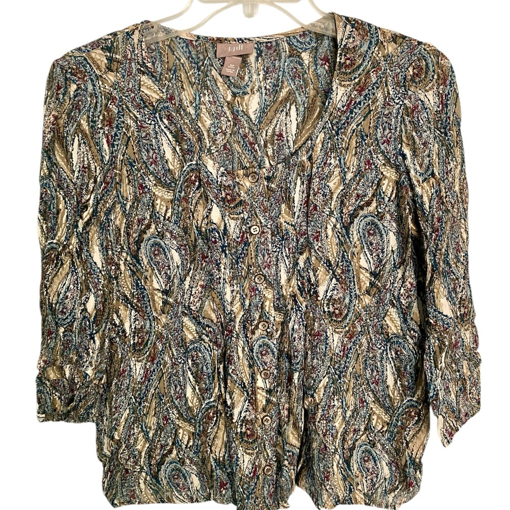 J.Jill teal paisley round neck button blouse Size SP